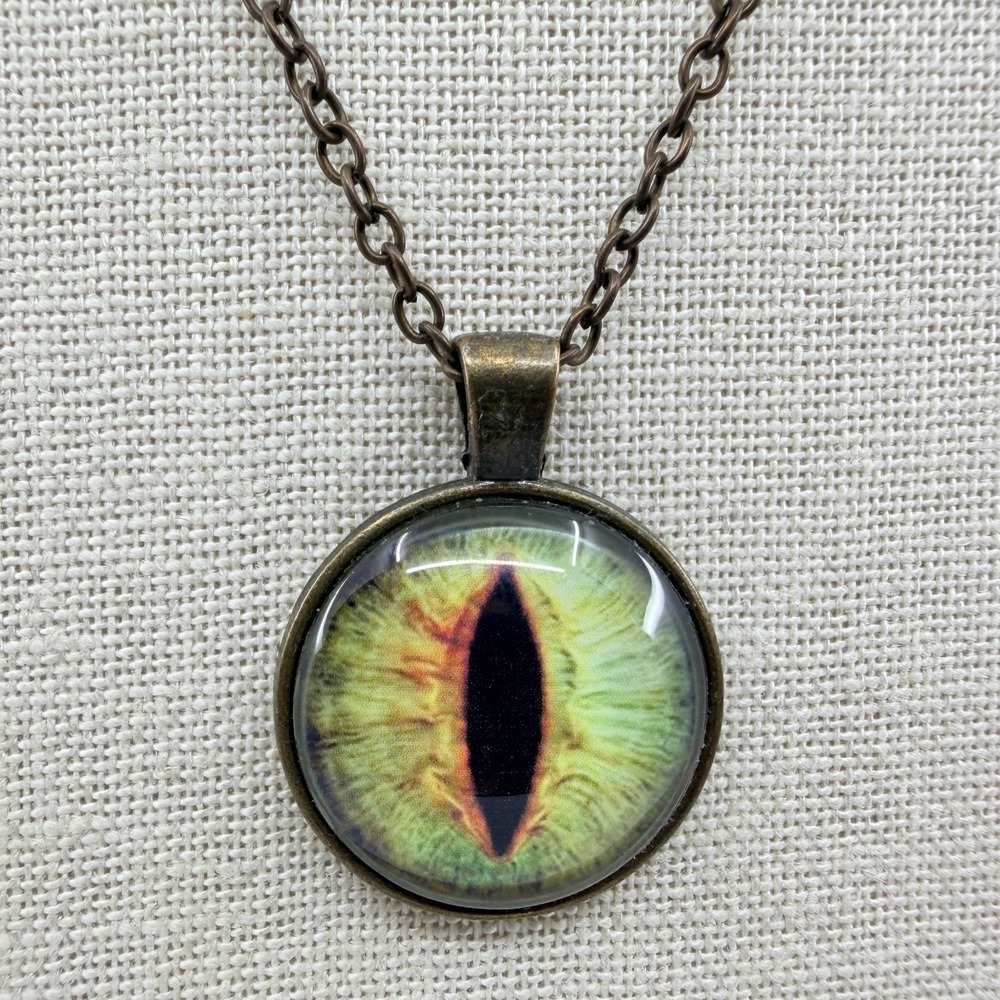 Vintage Dragon Eye Pendant Necklace Green Yellow Glass Cabochon Bronze